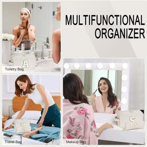 Corduroy Initial Makeup Bag Set Travel Cosmetic Organizer Gift for Teen Girls - Picture 6 of 7